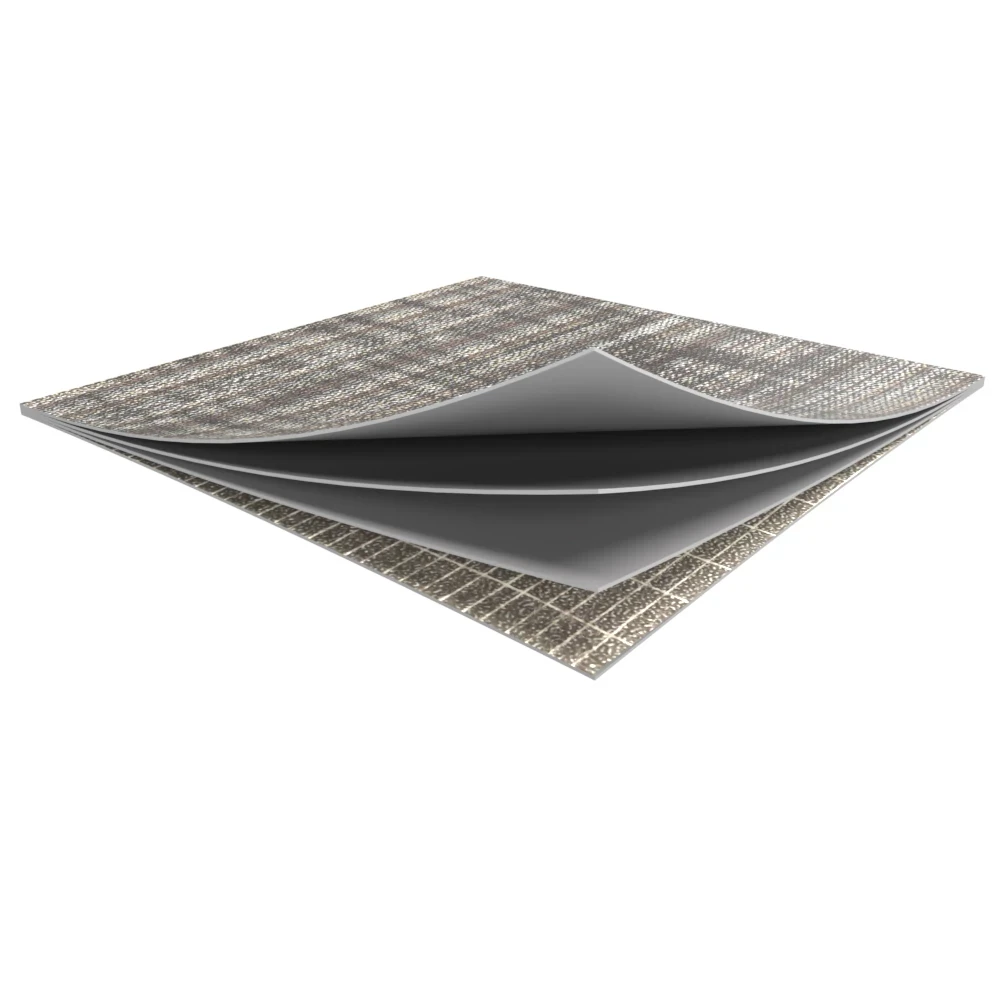 Commercial carpet tile swatch in neutral tones with visible layered construction