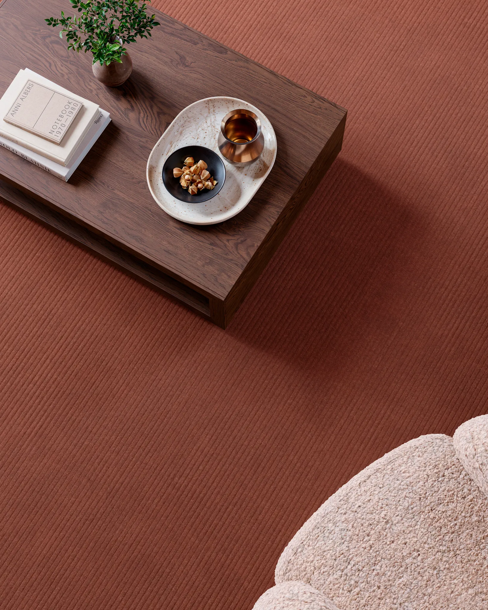 Cozy living room with terracotta carpet and wooden coffee table