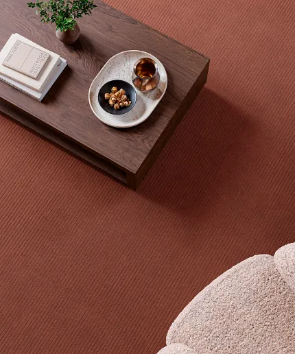 Warm terracotta carpet for inviting interiors Cozy living room with terracotta carpet and wooden coffee table