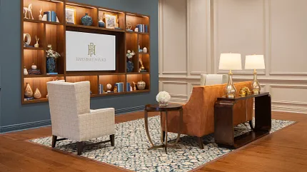 Stylish hardwood flooring for sophisticated interiors Elegant living room with hardwood flooring and decorative shelving