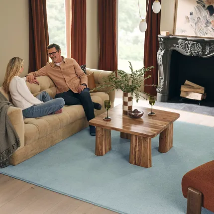 Cozy living room with light blue synthetic carpet and modern decor Living room with light blue synthetic carpet, beige sofa, wooden coffee table, and fireplace
