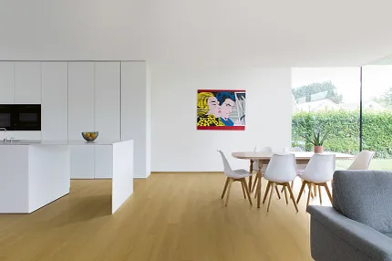 Light Wood Look LVP Flooring in Contemporary Kitchen and Dining Room Modern kitchen and dining area with light wood look luxury vinyl plank flooring