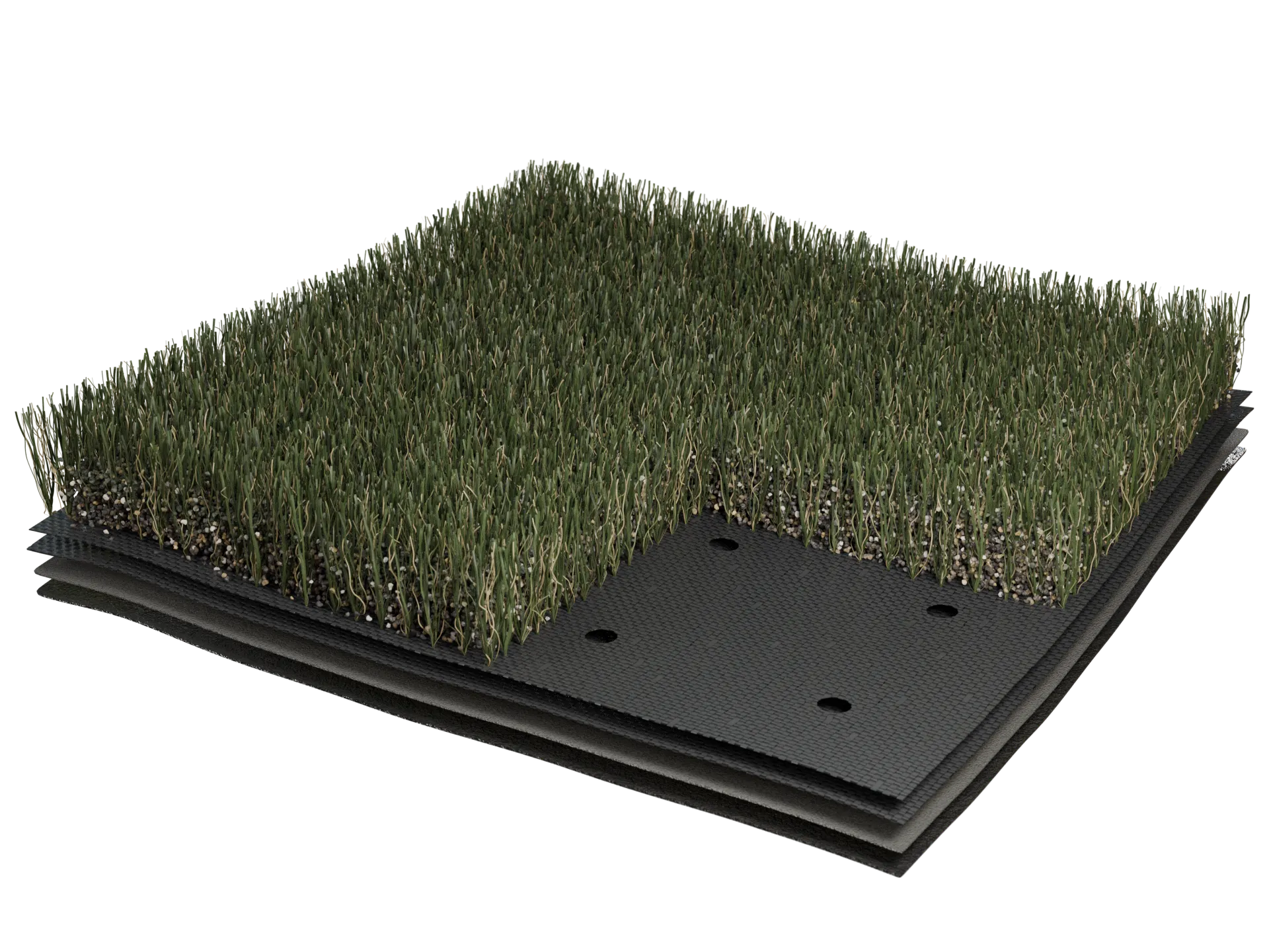Artificial grass flooring sample with layered construction
