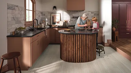 Coretec Residential WPC Luxury Vinyl Tile Flooring in Modern Kitchen - 24x12 inch kitchen with luxury vinyl tile floor in a light wood look with a young child and an adult cooking together