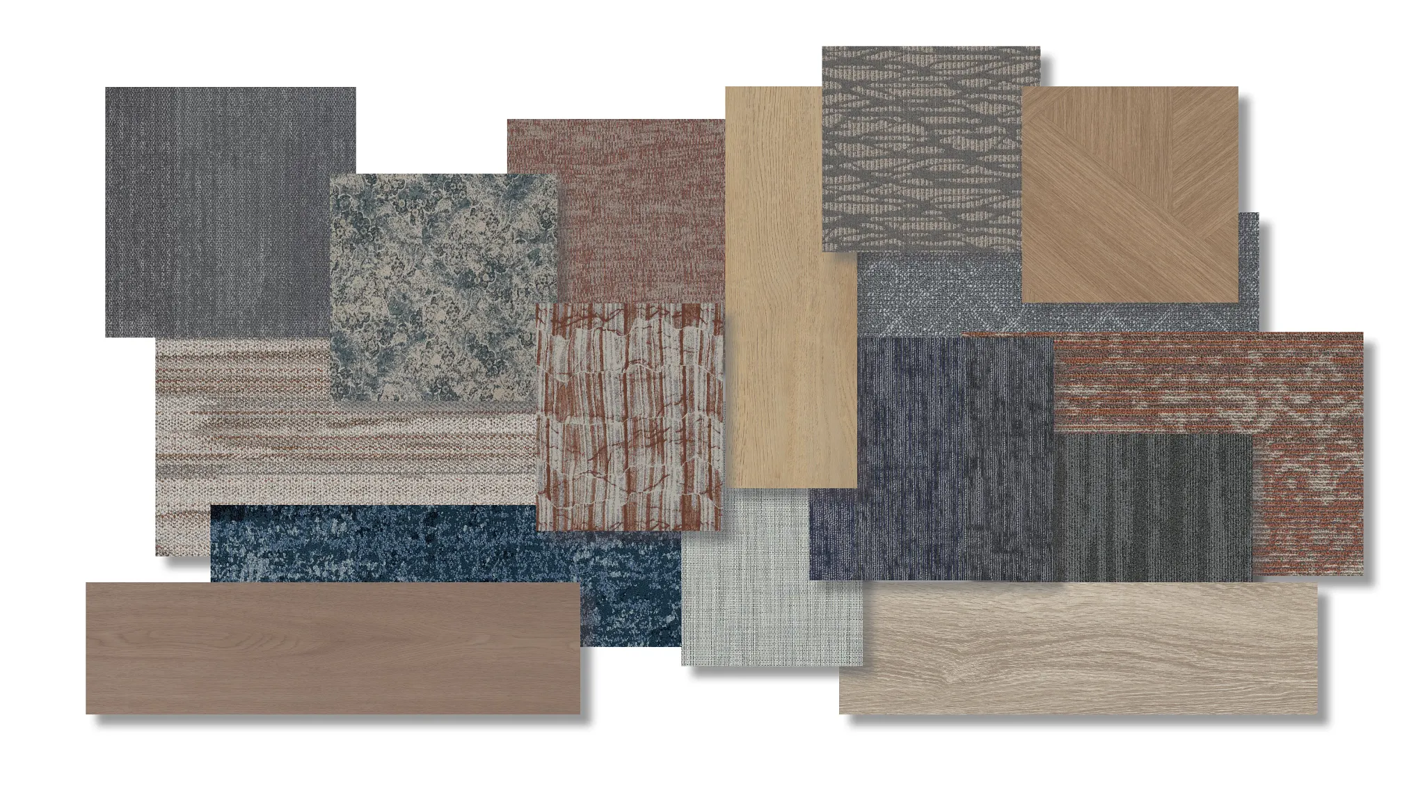 Assorted flooring swatches featuring various textures and colors including gray, blue, beige, and brown