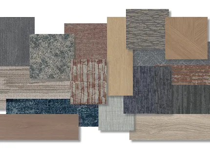 Diverse flooring swatch collection with multiple textures and colors Assorted flooring swatches featuring various textures and colors including gray, blue, beige, and brown