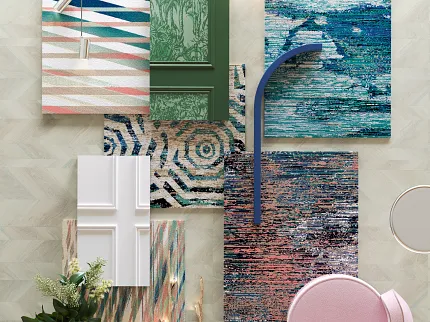 Colorful Carpet Swatches on Light Wood Flooring Background AXR81291