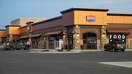 Modern convenience store design with ample parking Town Pump convenience store exterior with parking lot