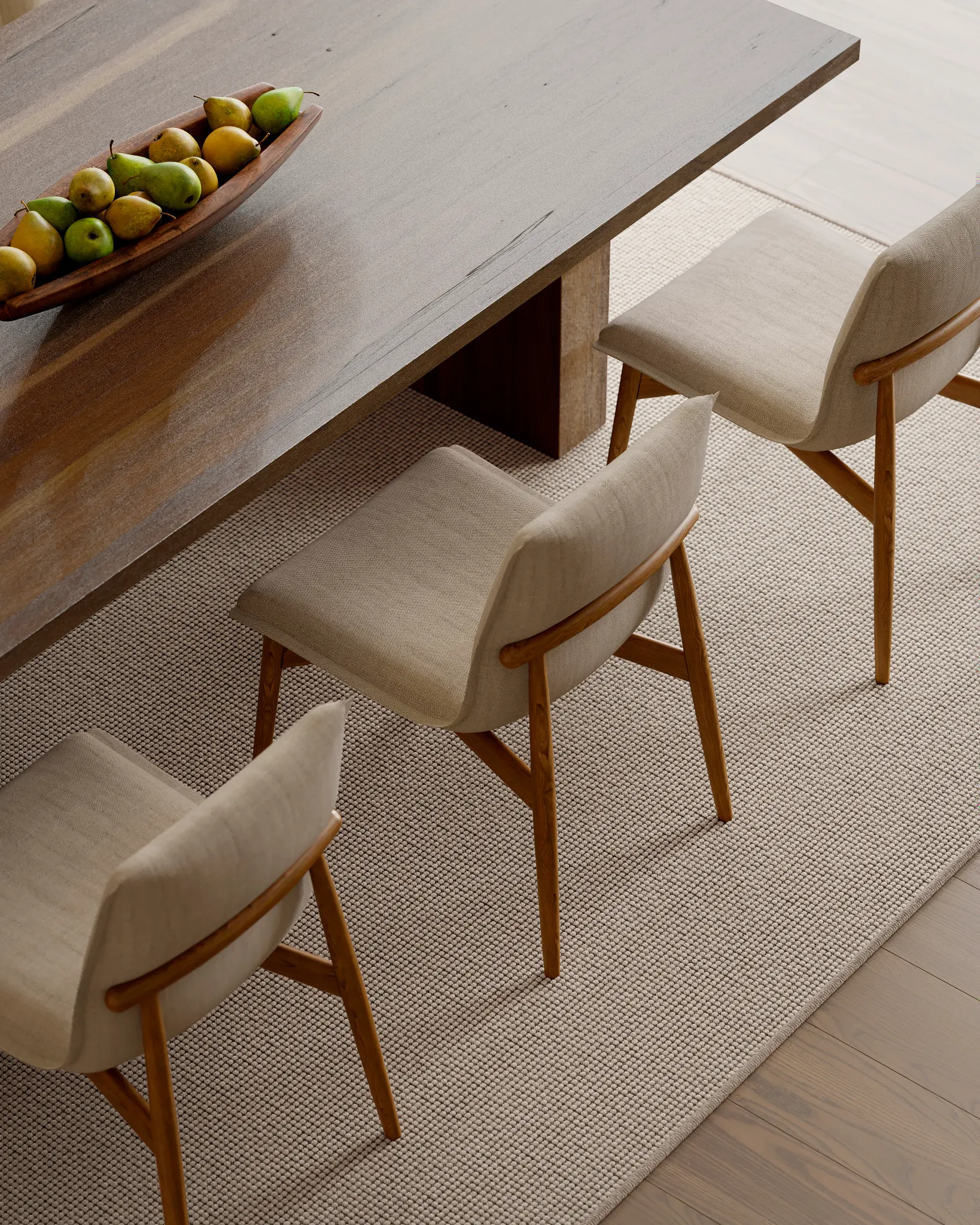 Dining room with wooden table and chairs on 100% wool carpet