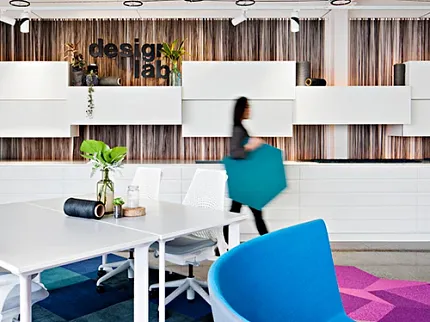 Education Facility with Commercial Carpet Tiles in Blue and Purple Modern education facility with vibrant blue and purple commercial carpet tiles