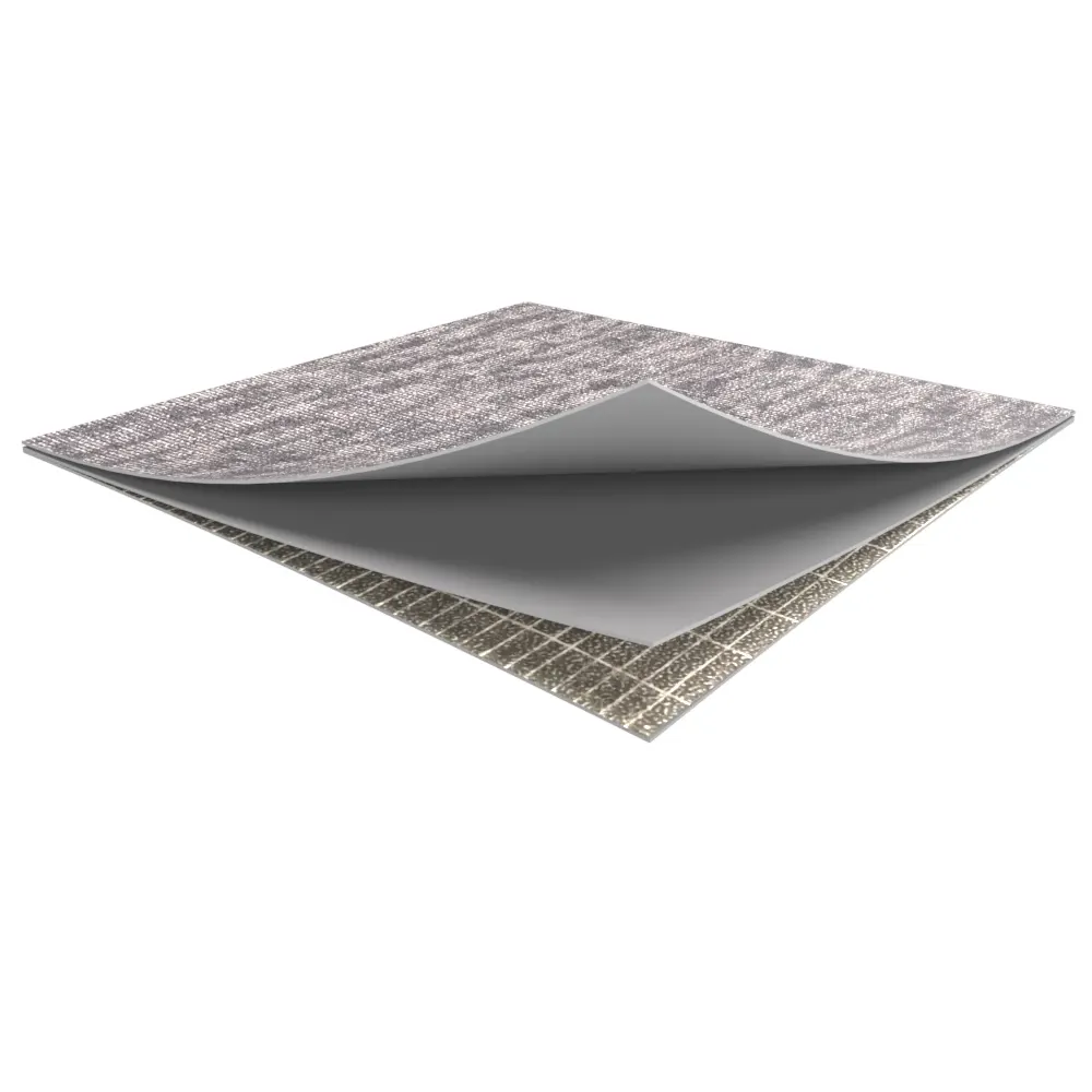 Commercial LVT flooring swatch in gray tones with layered construction