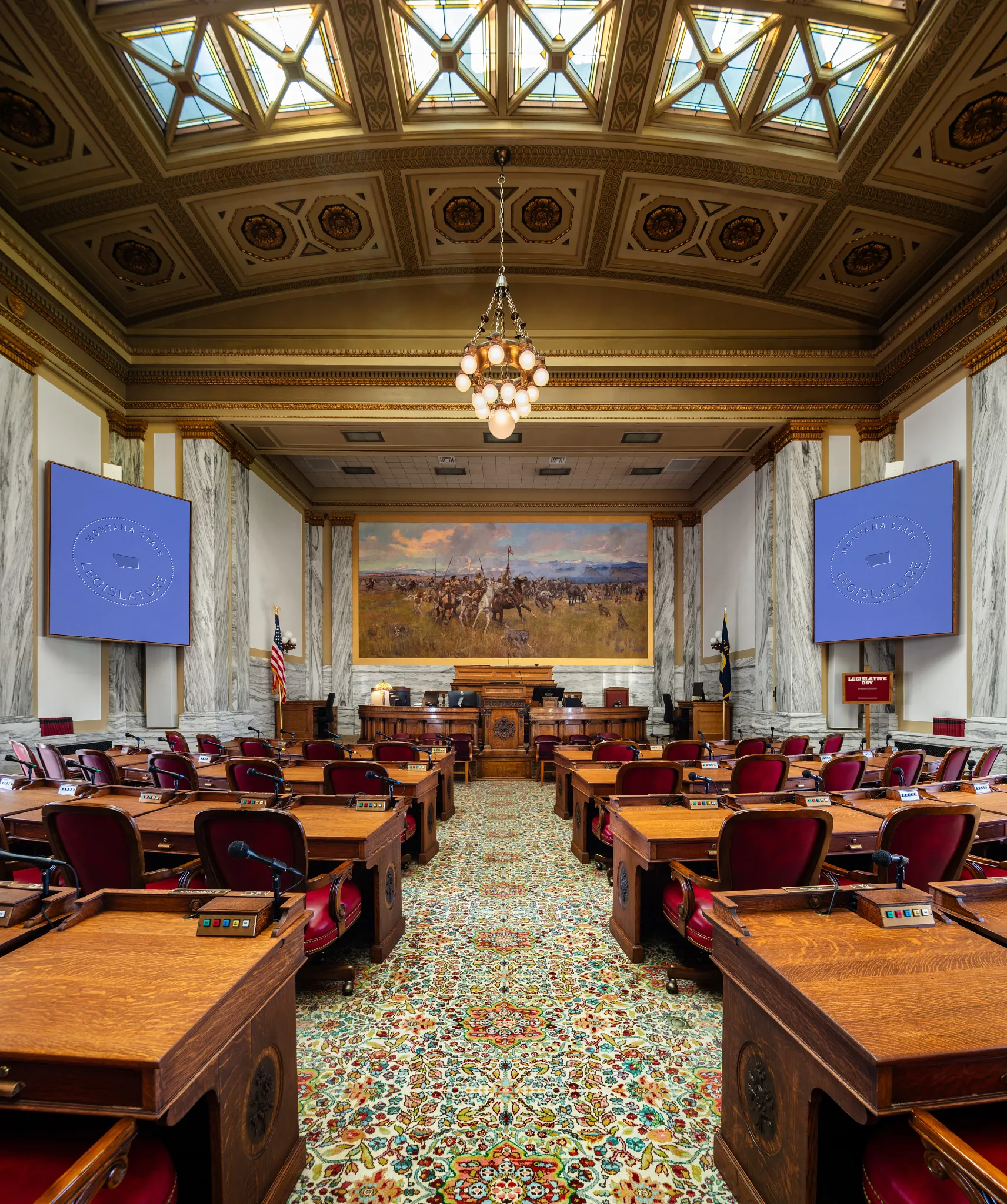 Ornate carpet flooring in a government legislative chamber