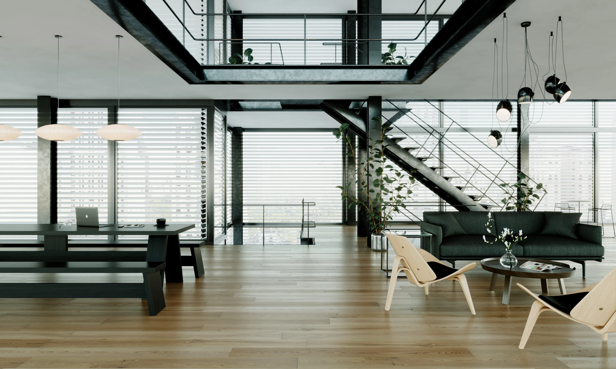 Modern office space with engineered ply-core hardwood flooring, featuring a sleek black table, wooden chairs, and a glass staircase