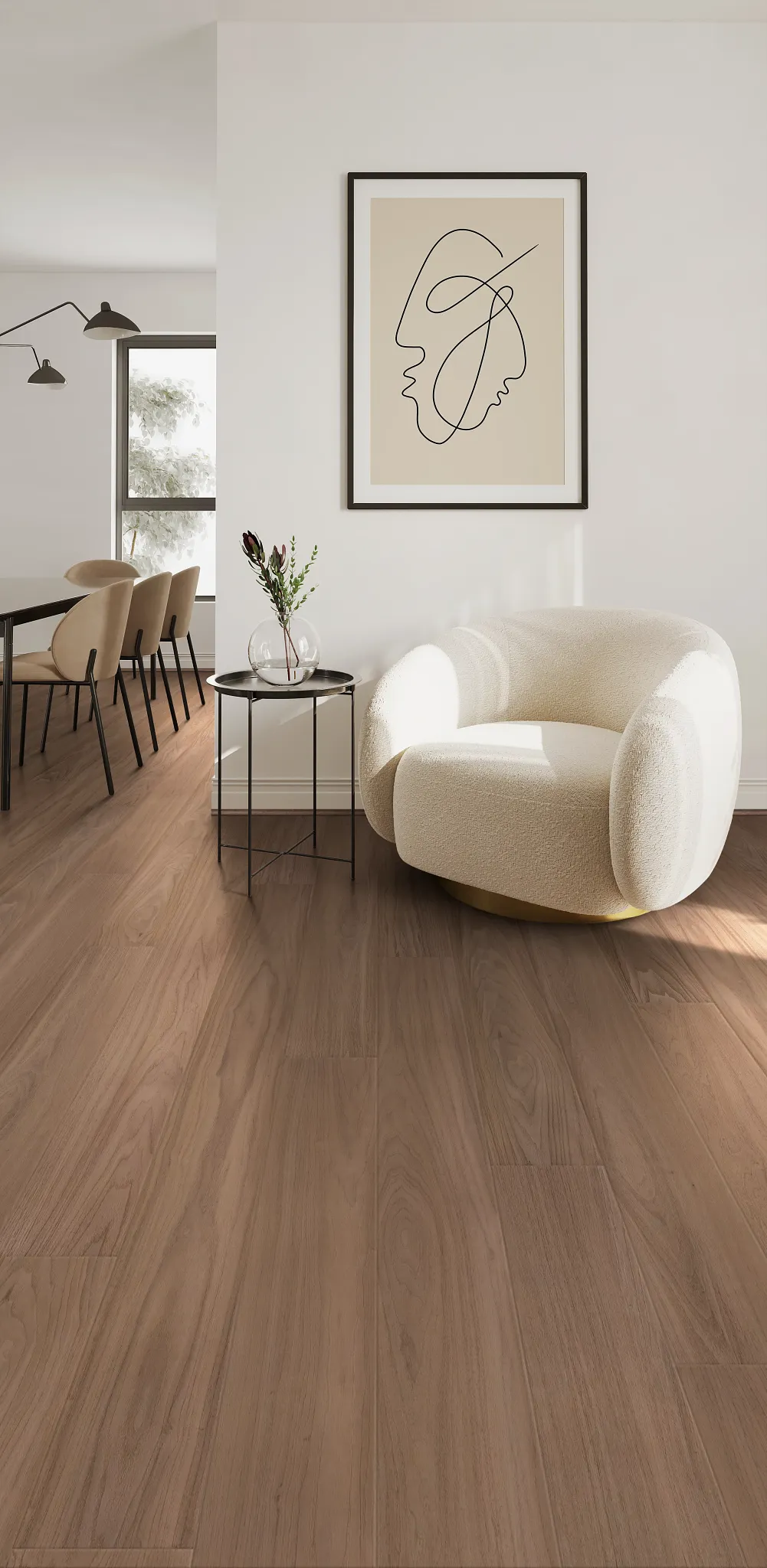 Coretec Residential WPC flooring in a modern living room with abstract art and cozy chair