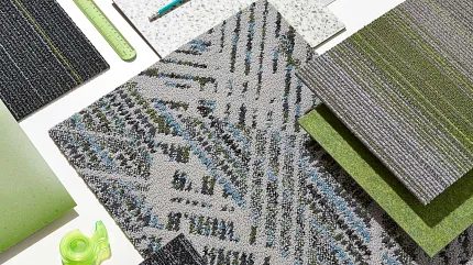 Commercial Carpet Tile Swatches in Green, Gray, and Blue Patterns Assorted commercial carpet tile swatches in shades of green, gray, and blue with various textures and patterns