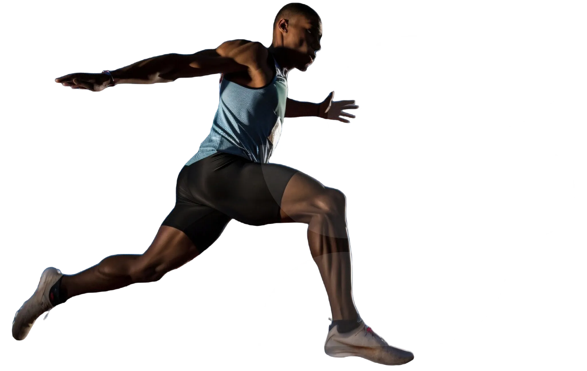 Athlete in mid-air leap wearing athletic gear