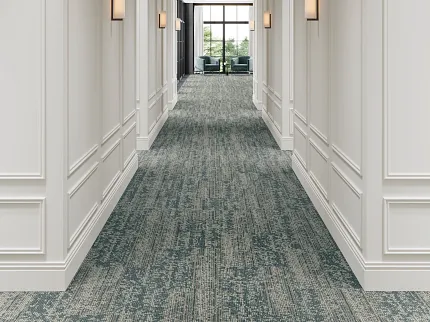 Commercial Carpet Tile in Blue and Beige for Hospitality Hallway Script in Essay