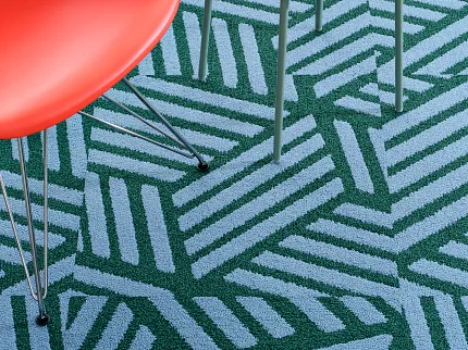 Geometric Blue and Green Carpet in Modern Room Scene with Red Chair and Table Andy in Pop Art