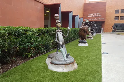 Artistic sculptures in museum garden setting Outdoor sculptures at Fort Worth Museum School