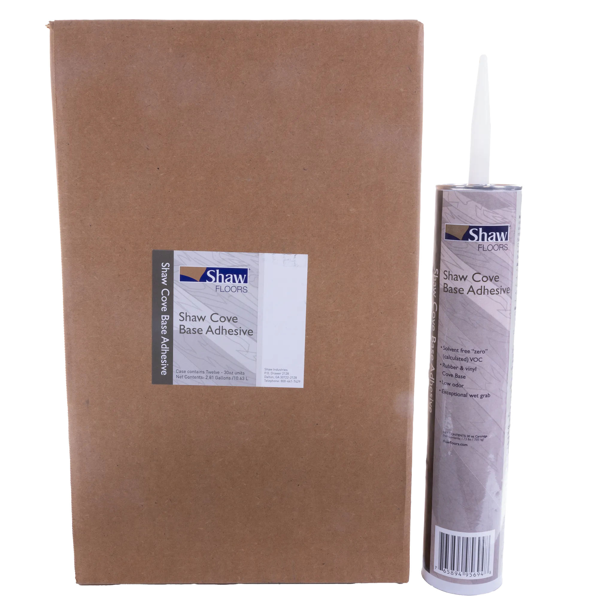 Shaw Cove Base Adhesive packaging with a brown box and adhesive tube