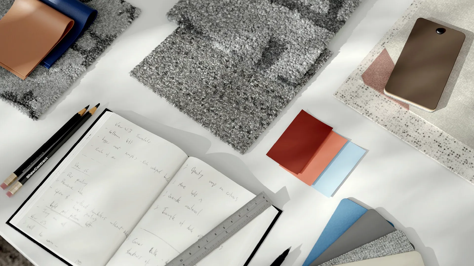 Swatch samples of commercial carpet tile in various shades of gray, blue, and beige with design tools on a desk