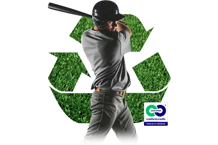 Baseball player with artificial grass and recycling symbol Baseball player swinging bat with artificial grass background and recycling symbol