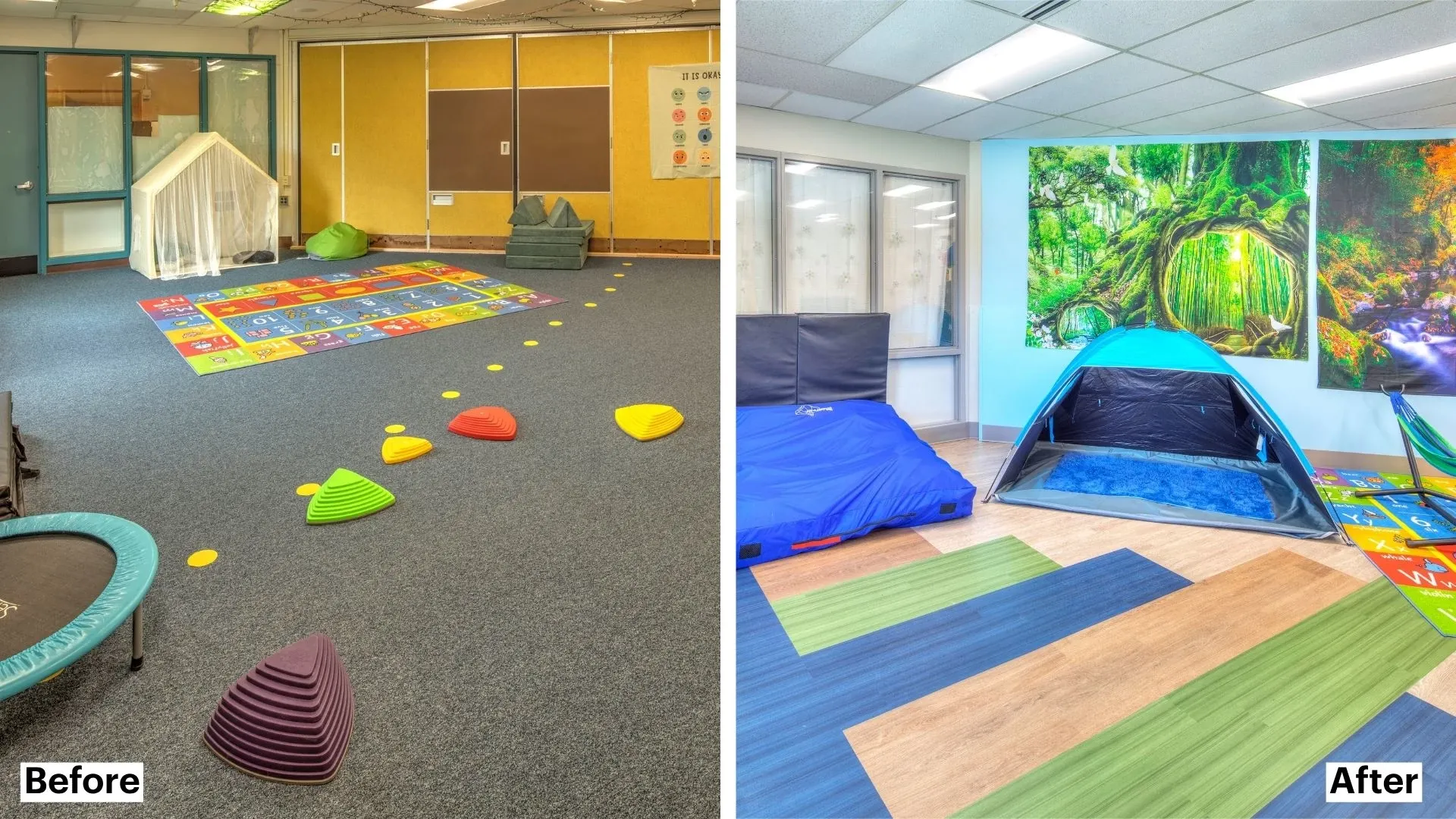 Before and after classroom transformation with colorful LVT flooring