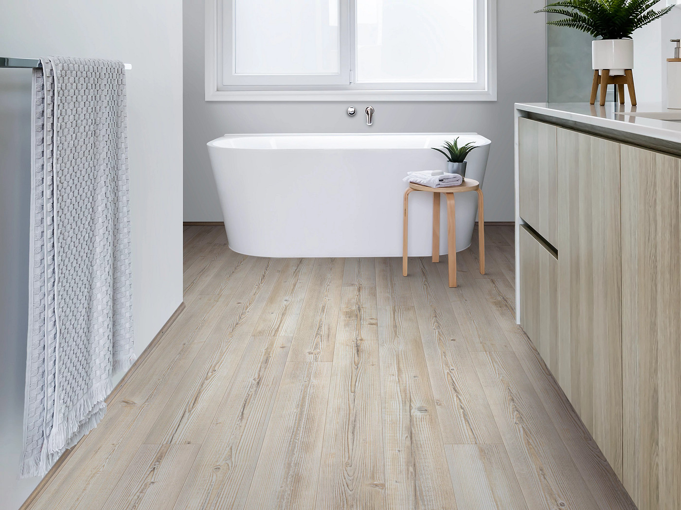 Washed Pine flooring, shown in a room
