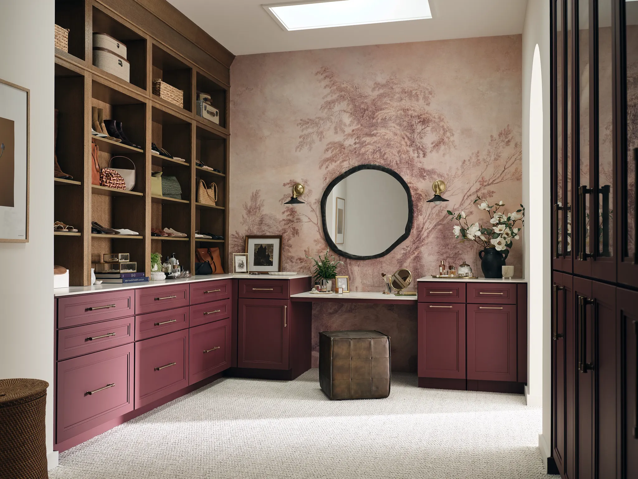 Elegant room with burgundy cabinets and synthetic carpet flooring