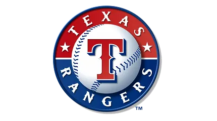 Texas Rangers logo featuring a red T on a white baseball with red and blue circular border. Texas Rangers logo featuring a red T on a white baseball with red and blue circular border.