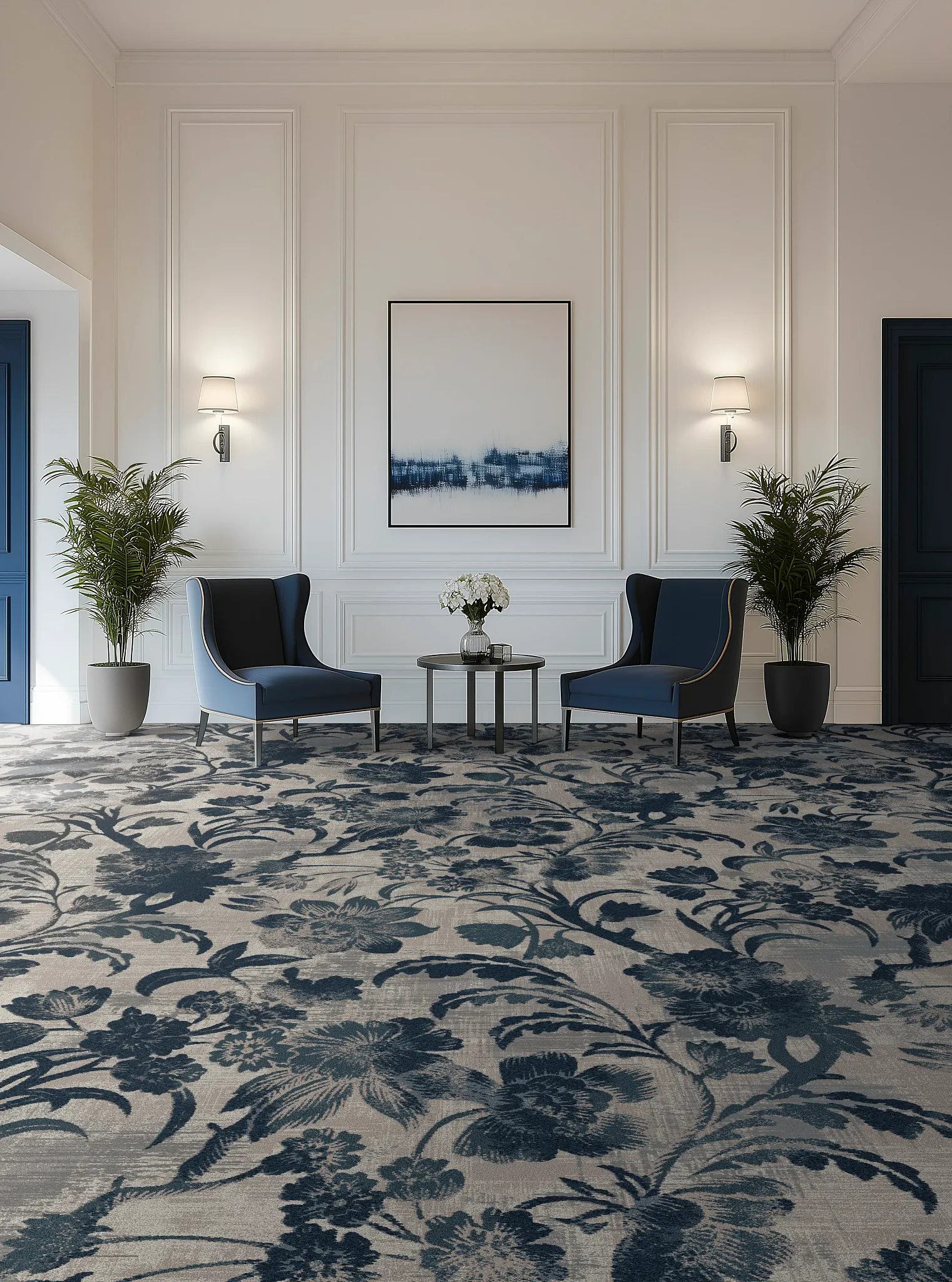 Luxurious floral carpet in elegant lounge setting