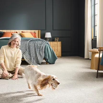 Durable carpet flooring for a cozy and comfortable bedroom setting with playful dog bedroom with durable carpet floor with a playful dog and a comfortable setting