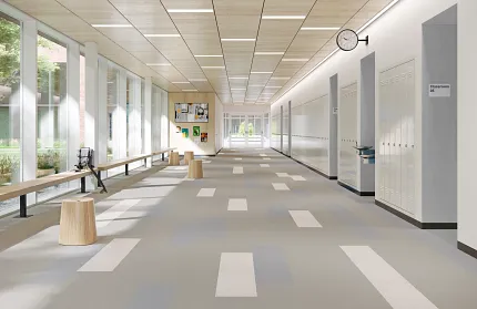 Heavy Commercial Luxury Vinyl Tile Flooring in School Hallway - 48x12 inch Tiles