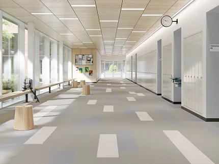 Heavy Commercial Luxury Vinyl Tile Flooring in School Hallway - 48x12 inch Tiles Joy Squared 12x48 in Snow Day + Tire Swing + Backyard Installed Stagger