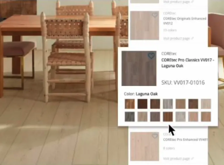 Dining room with wooden table and chairs on COREtec Pro Classics Laguna Oak luxury vinyl plank flooring