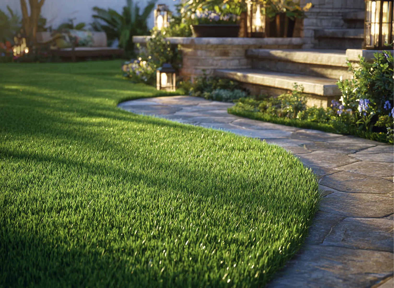 Lush green lawn with stone pathway and garden steps