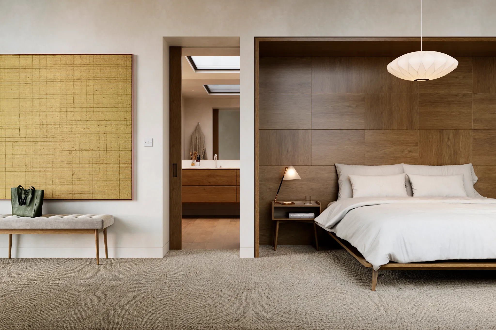 Modern bedroom with 100% wool carpet flooring