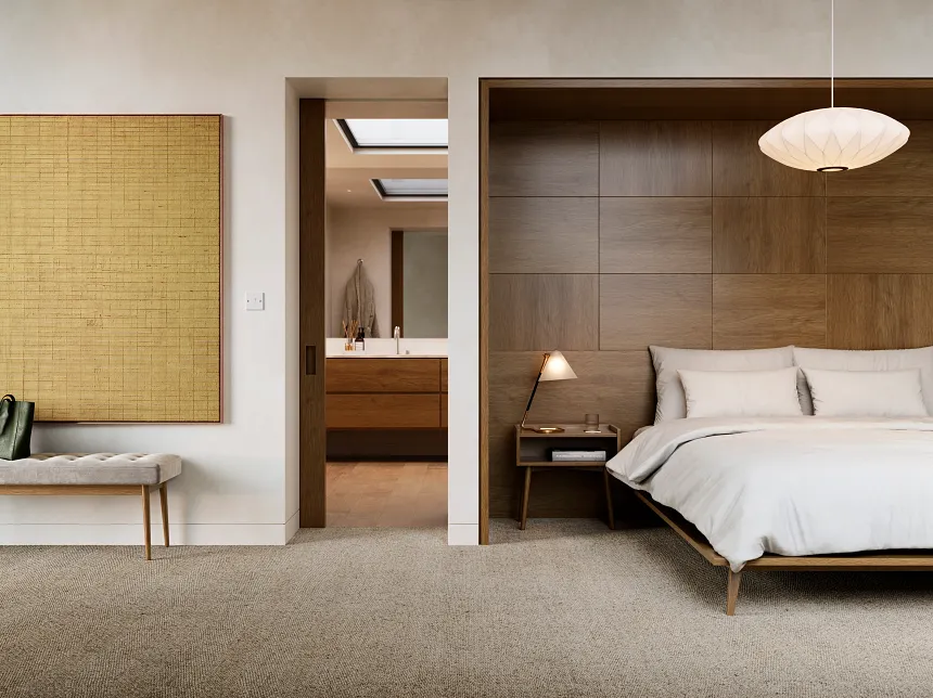 Elegant bedroom featuring 100% wool carpet flooring Modern bedroom with 100% wool carpet flooring