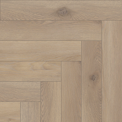 A brown vinyl floor in a herringbone pattern