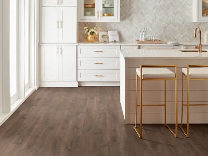 Stylish kitchen featuring durable laminate flooring for a cozy home atmosphere Modern kitchen with dark wood-look laminate flooring and white cabinetry