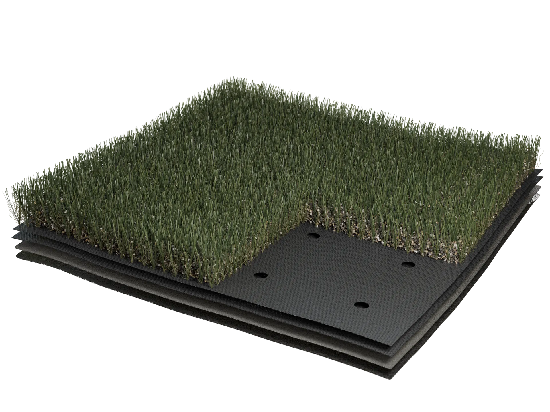 Artificial grass flooring sample with layered construction