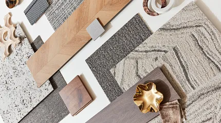 Stylish carpet designs for modern interiors Assorted carpet swatches in black, white, and dark teal