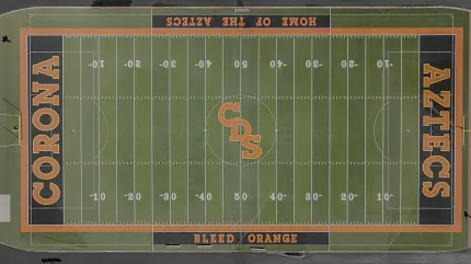 Corona Aztecs football field design Aerial view of a football field with "Corona Aztecs" branding