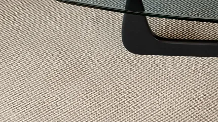 100% Wool Carpet in Beige and Gray for Modern Living Room Decor Modern living room with a glass coffee table on a 100% wool carpet in beige and gray tones