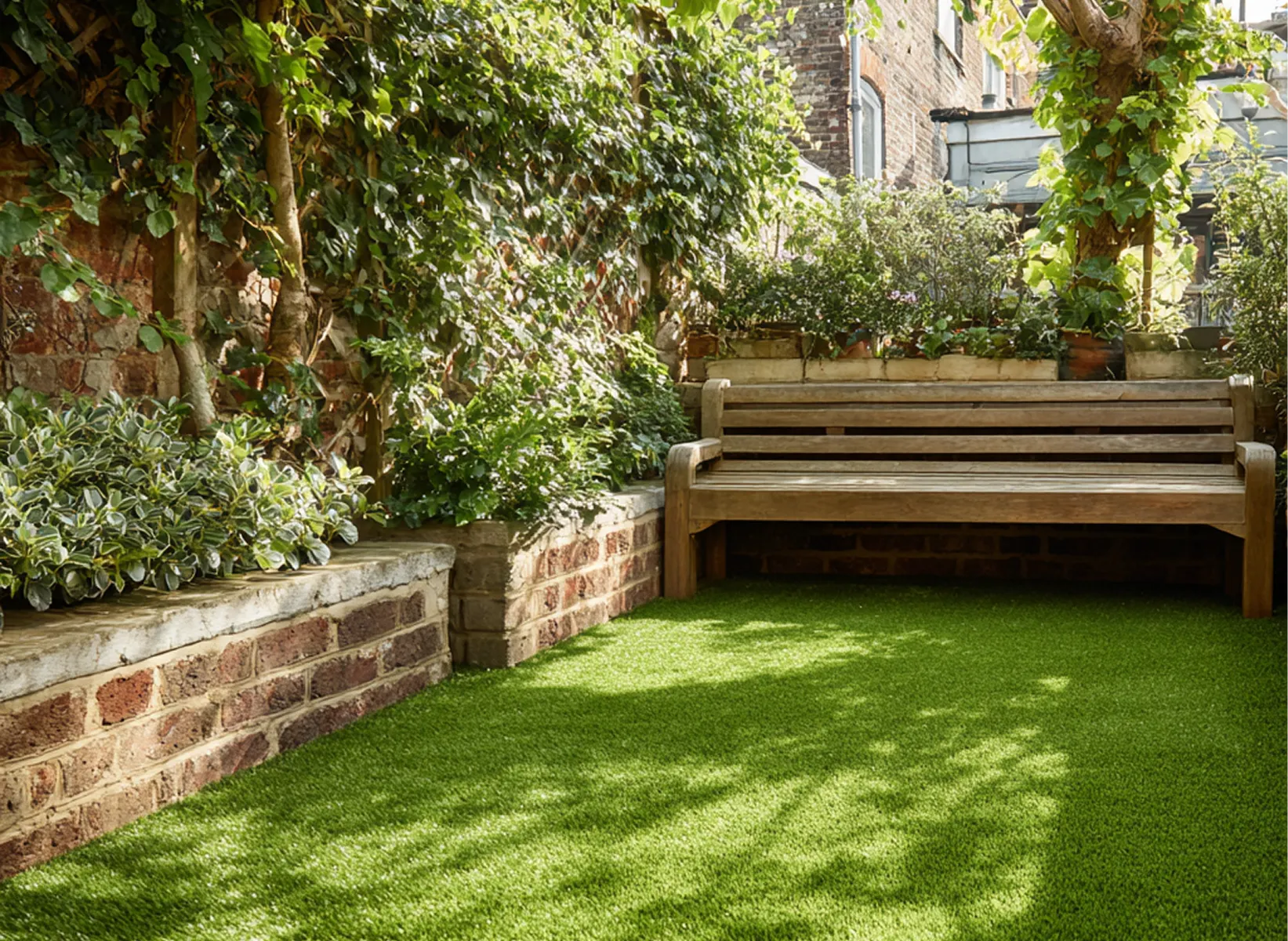 Green artificial grass in a cozy garden setting