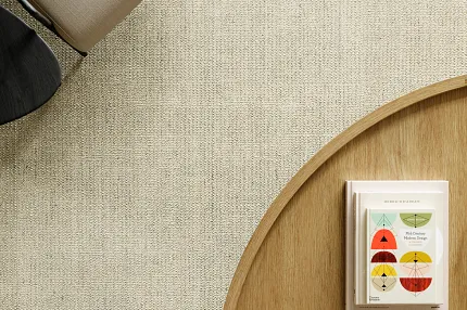 Beige 100% Wool Carpet in Modern Living Room Setting Overhead view of a modern living room with a beige 100% wool carpet, a beige chair, and a wooden coffee table with books