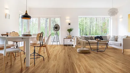 Stylish wood look vinyl flooring for modern homes Spacious living room with Coretec Residential WPC vinyl flooring