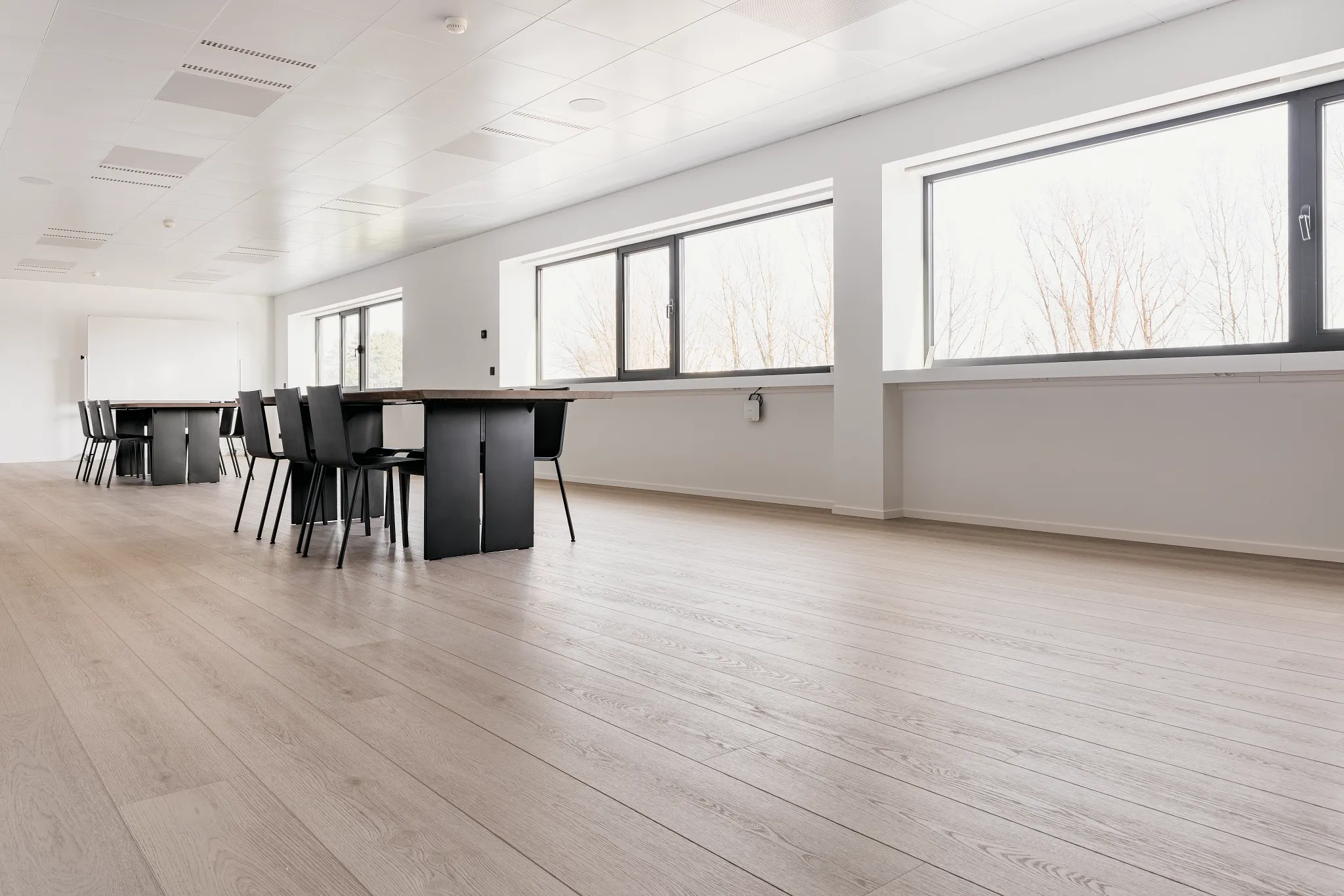 Spacious office with light wood look vinyl flooring