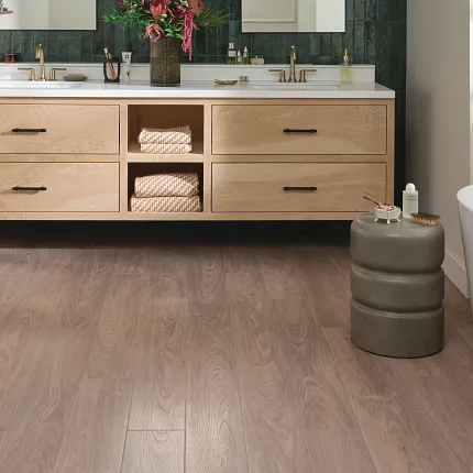 minimalist mid-century modern style living room with COREtec luxury vinyl flooring modern bathroom featuring soaker tub, deep green tile and COREtec vinyl flooring