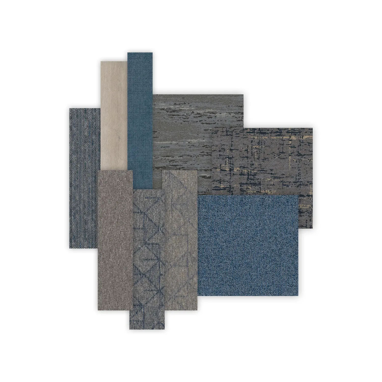 Swatch of commercial carpet tiles in various shades of blue, gray, and beige